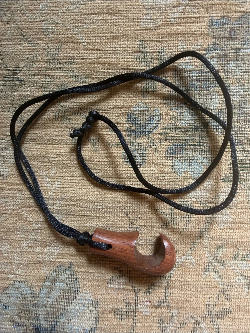 HEI MATAU Wood Carved Hook pendant necklace w/ black cord from Hawaii Strength